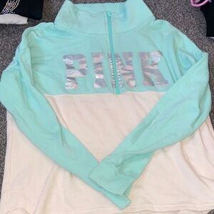 PINK Womens Teal and White Quarter Zip